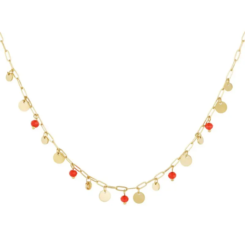 Collar acero de eslabones con cuentas rojas y círculos dorados acabado oro - mbyou