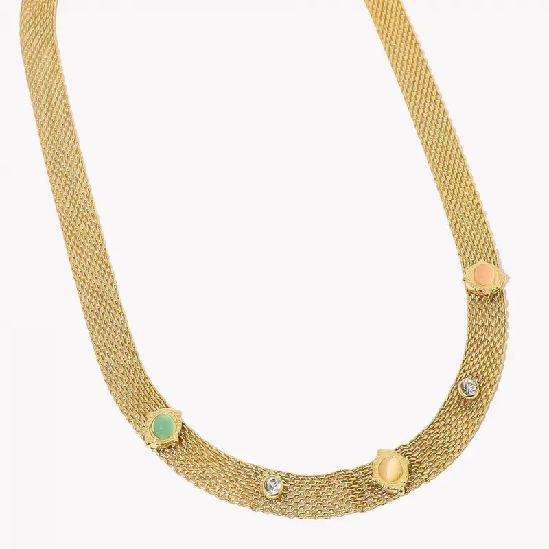 Collar acero inoxidable malla con piedras de colores acabado oro