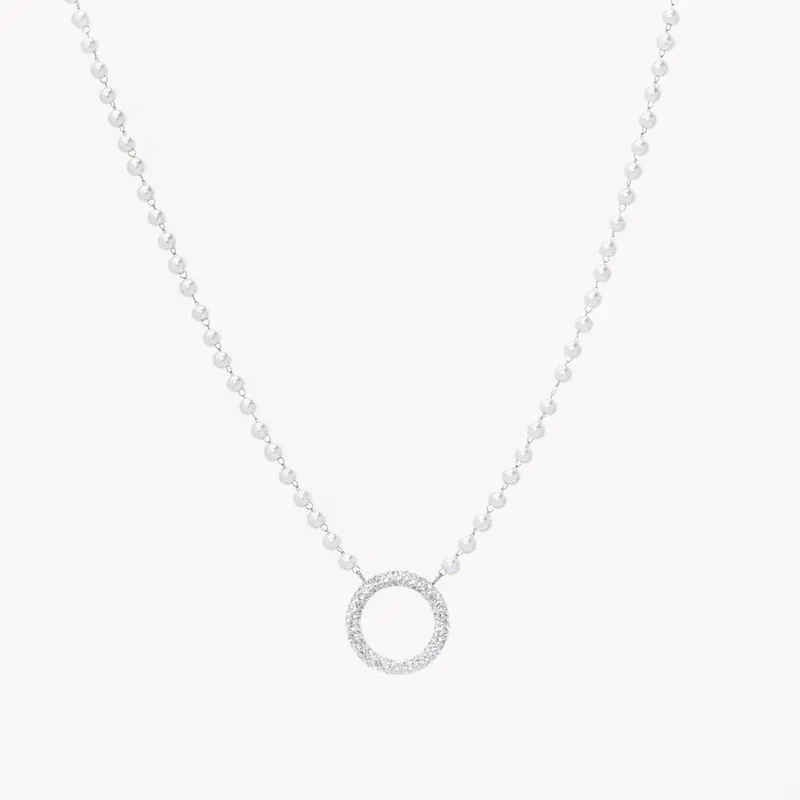 Collar acero perlas y un charm en forma de círculo acabado plata - mbyou