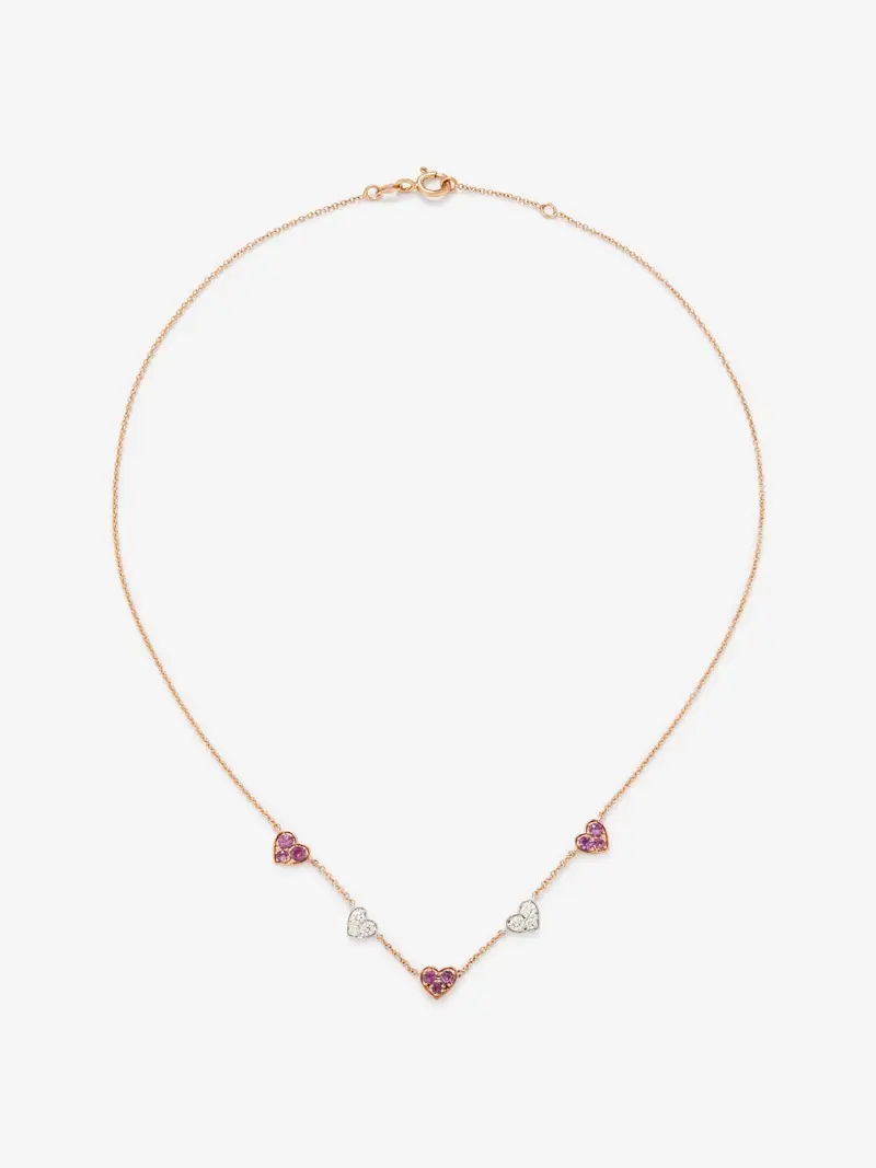 Collar corazones de oro rosa y oro blanco de 18kt con zafiros rosas y diamantes