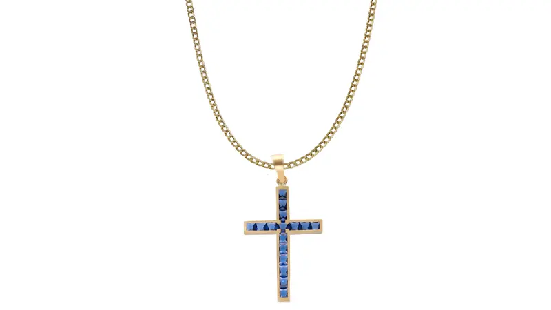 Collar Cruz de Oro 18 Kl con Piedras Azules y Cadena Barbada Hueca