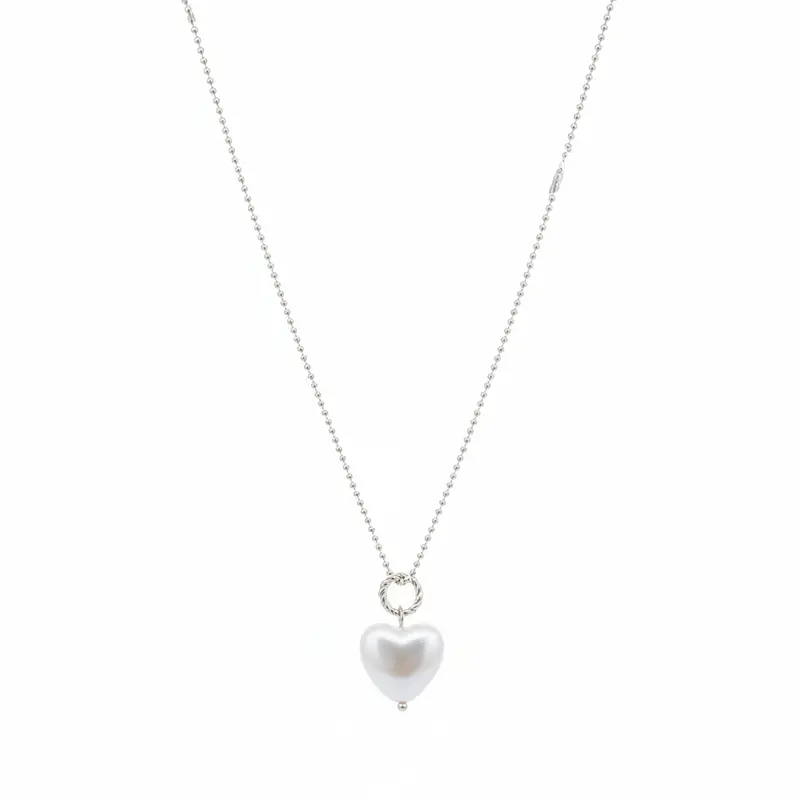 Collar de acero con cadena de esferas y dije en forma de corazón efecto perla acabado plata