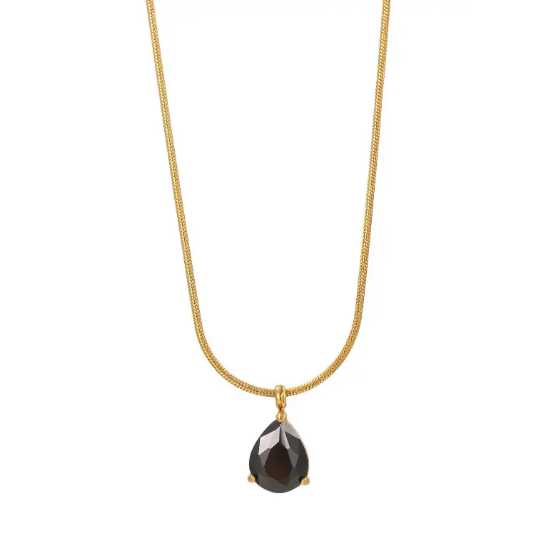Collar de acero con charm gota turmalina negra acabado oro