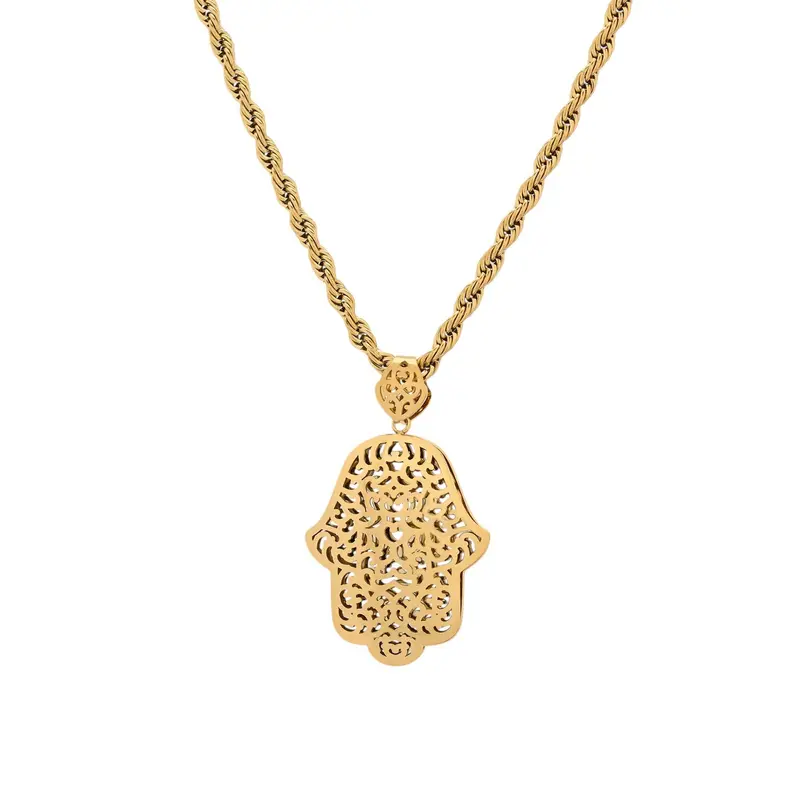 Collar de acero con cordón trenzado y mano de Fátima en acabado oro