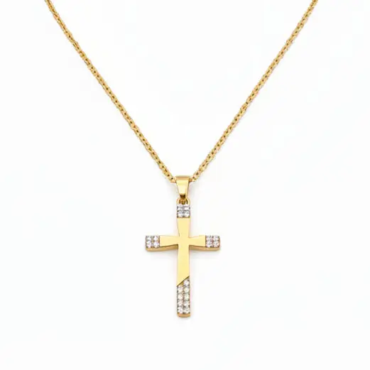 Collar de acero con cruz de circonitas acabado oro