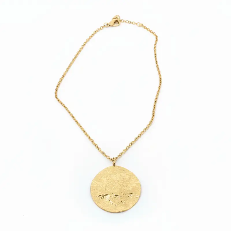 Collar de acero con dije en forma circular e irregular con textura rugosa en acabado oro