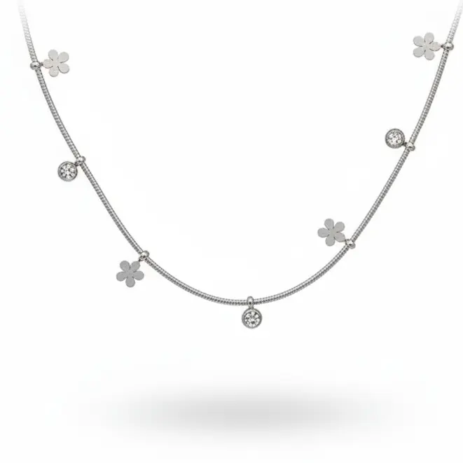 Collar de acero con dijes de flores y circonitas