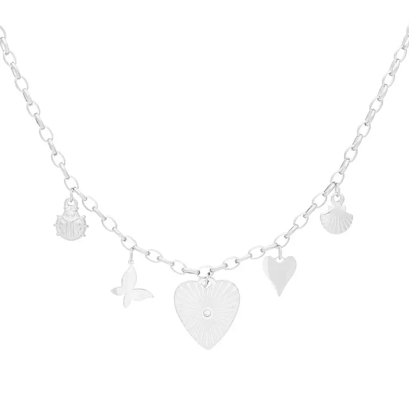 Collar de acero con dijes de varias formas en acabado plata