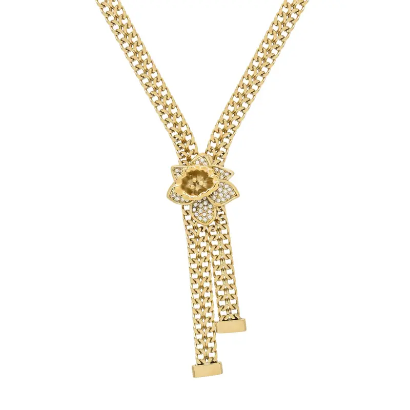 Collar de aceroo con malla y flor de Lis de circonitas acabado oro
