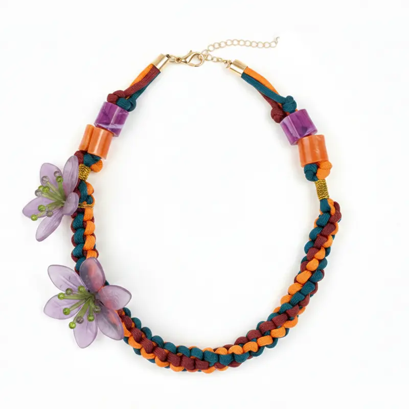 Collar de cuerda con detalles de flores y adornos acrílicos