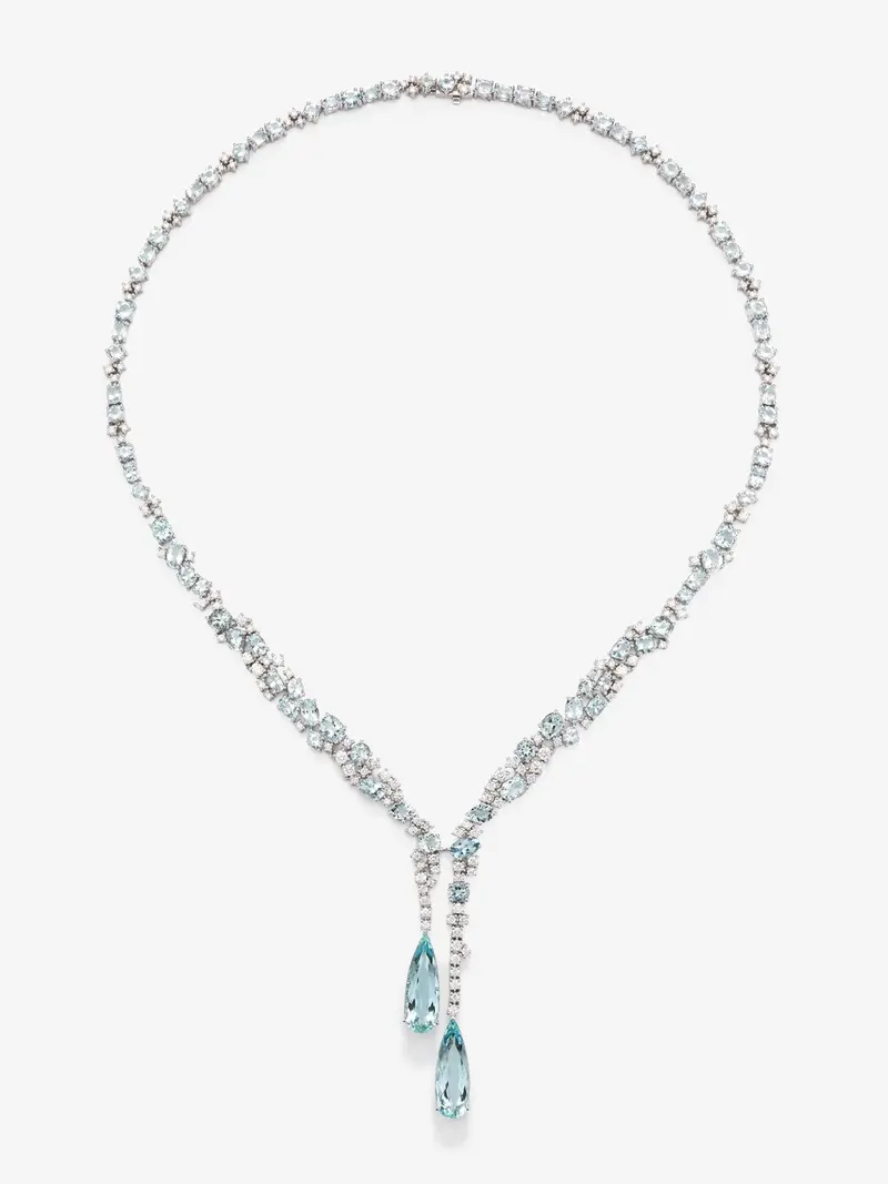 Collar de oro blanco de 18K con aguamarinas azules en talla pera de 9,9 cts y diamantes blancos en talla brillante de 5,15 cts