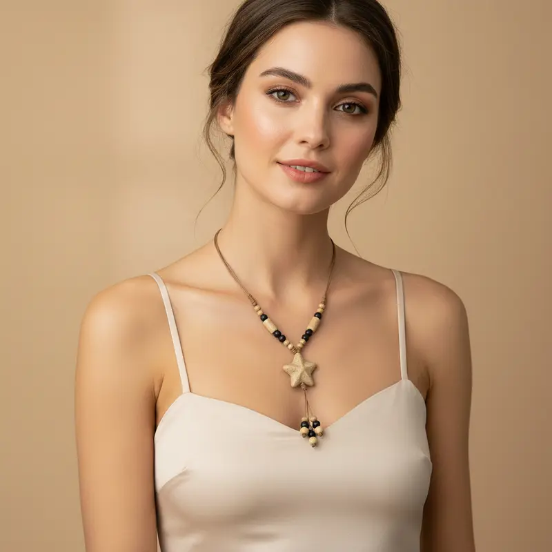 Collar de resina y cuerda con cuentas diferentes y estrella de mar colgante