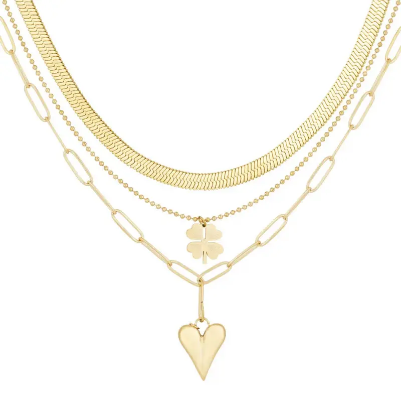 Collar largo de acero triple malla con trébol y corazón oro