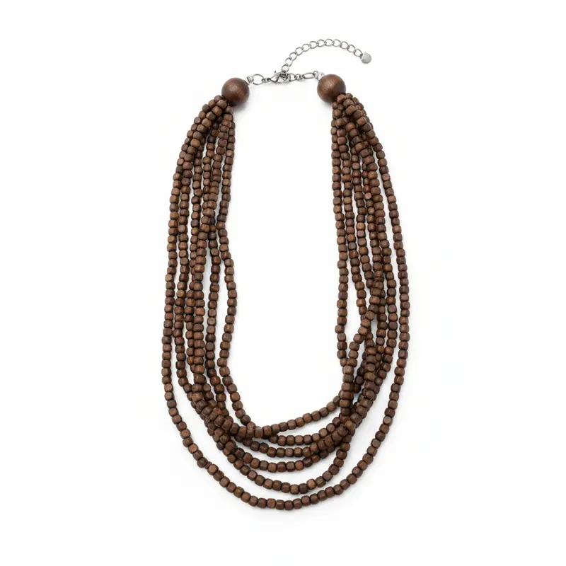Collar largo de cuentas de madera en chocolate de varias tiras