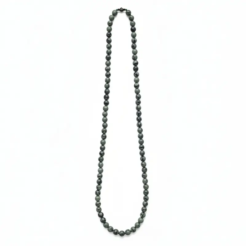 Collar largo de piedras esféricas con estampado marmolado en color verde azulado