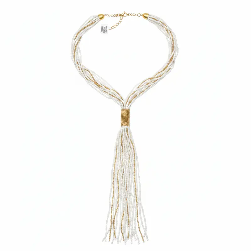 Collar largo de tiras con cuentas blancas y doradas