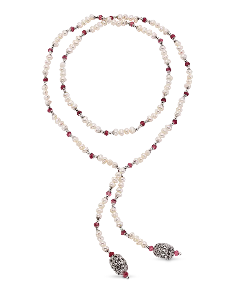 Collar Puccini perlas y ágata rojo, plata