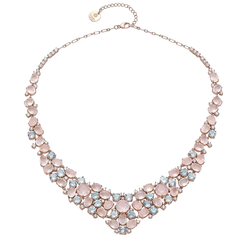 Collar Regio topacios azules y cuarzo rosa, plata rosa