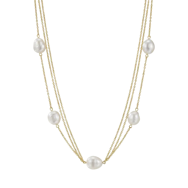 Collar triple cadena con perlas naturales plata de ley y baño de oro 18K