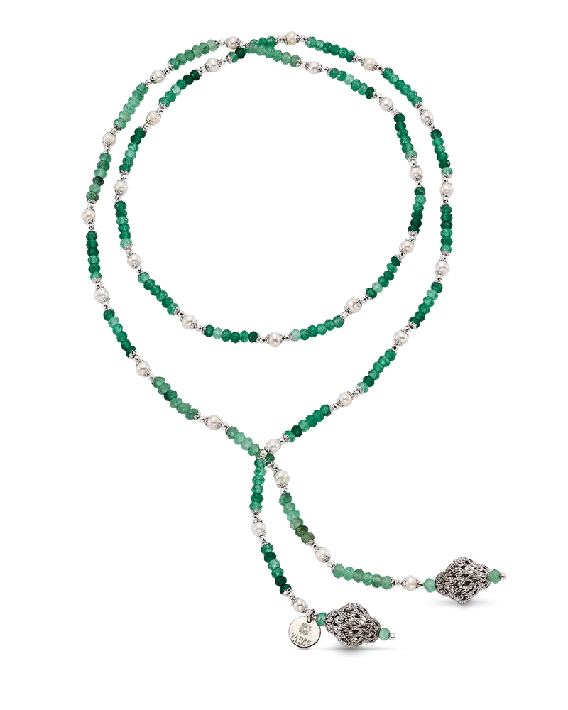 Collar Verdi ágata verde y perlas, plata