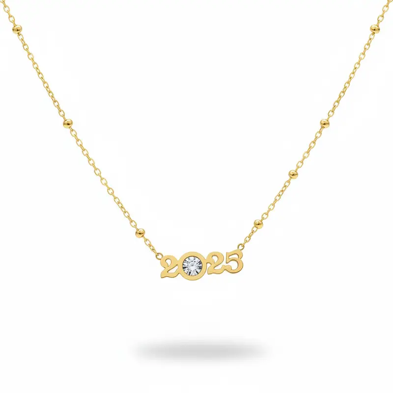 Collares acero inoxidable con dije del 2025 con cadena de esferas y circonita en acabado oro