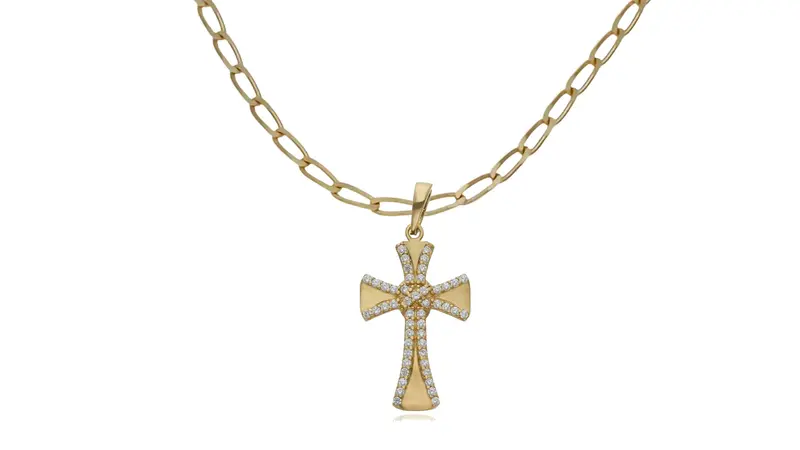 Conjunto de Cruz de Oro 18K con Circonitas y Cadena Bilbao