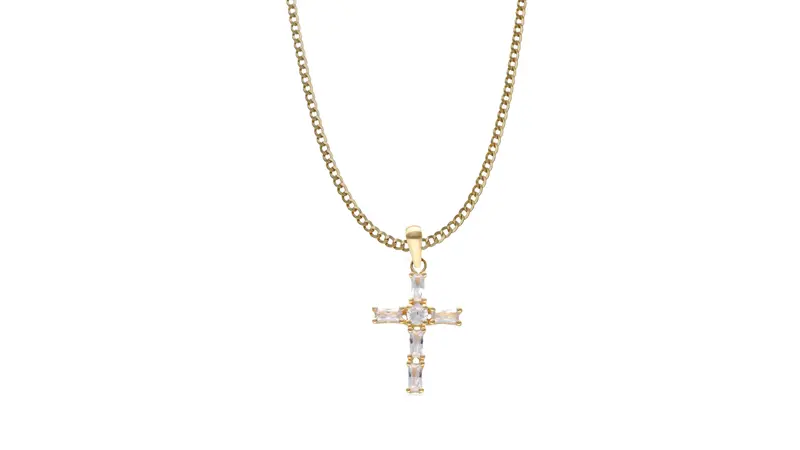 Cruz con Circonitas en Oro de 18 Kt y Cadena Barbada