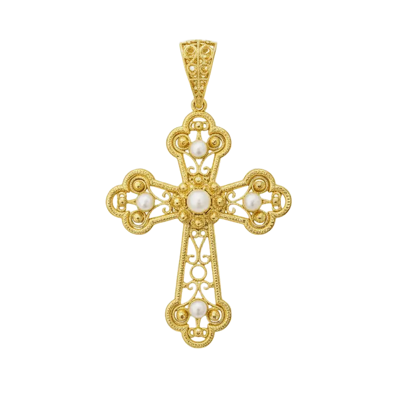 Cruz filigrana con perlas naturales plata de ley 925 y baño de oro 18K