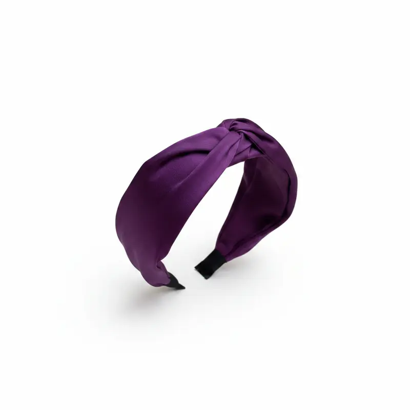 Diadema ancha con nudo y tejido tipo seda en morado berenjena