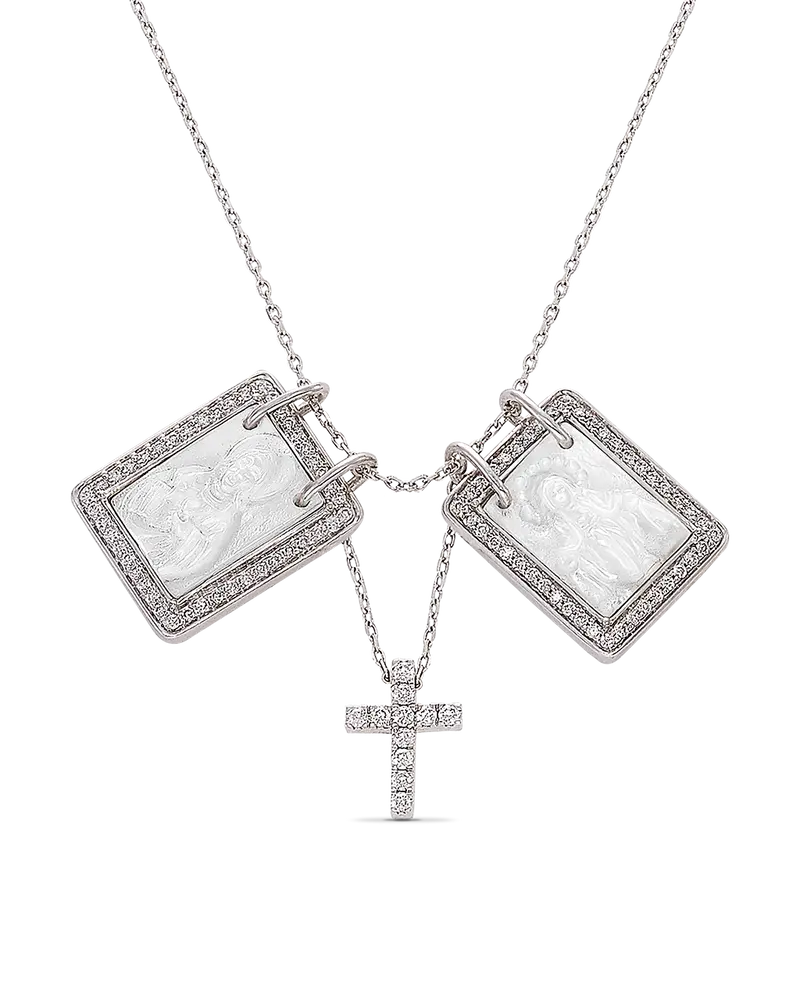 Escapulario Fe, madreperla y diamantes, oro blanco