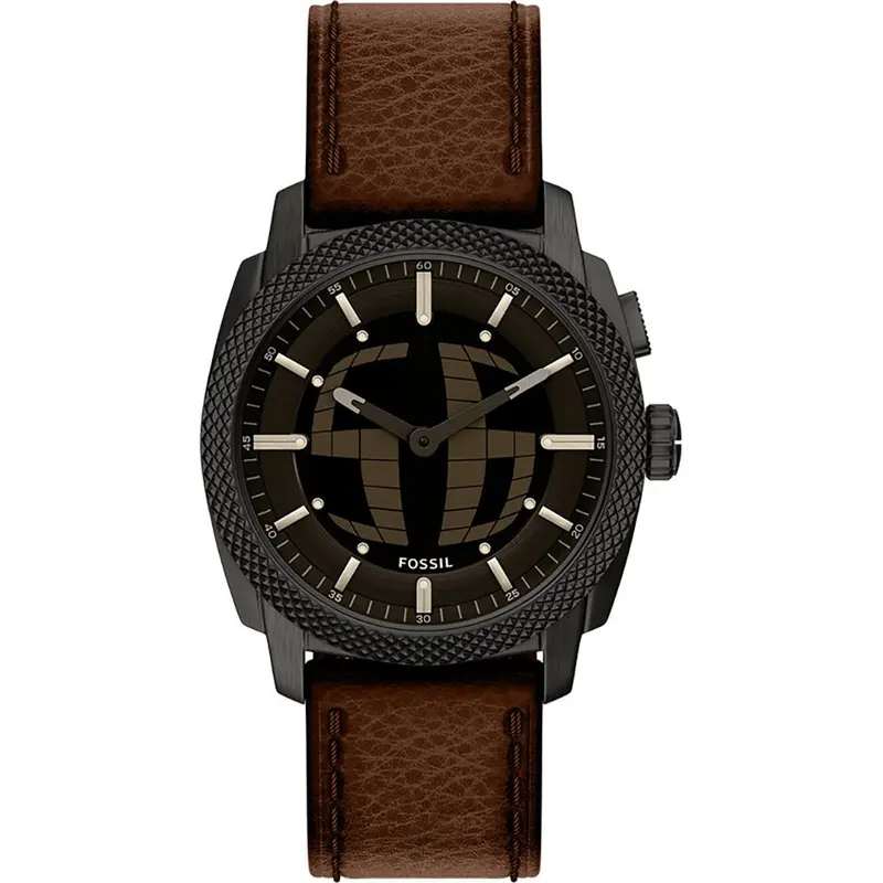 Fossil Reloj Machine Hombre LCD Acero Inoxidable 41 mm Negro con Correa de Cuero Marrón FS6165