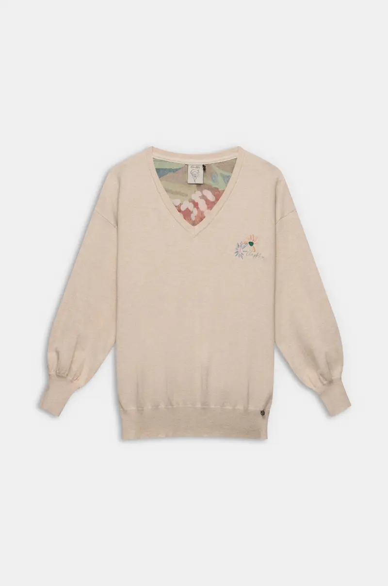 Jersey beige de punto fino con bordado