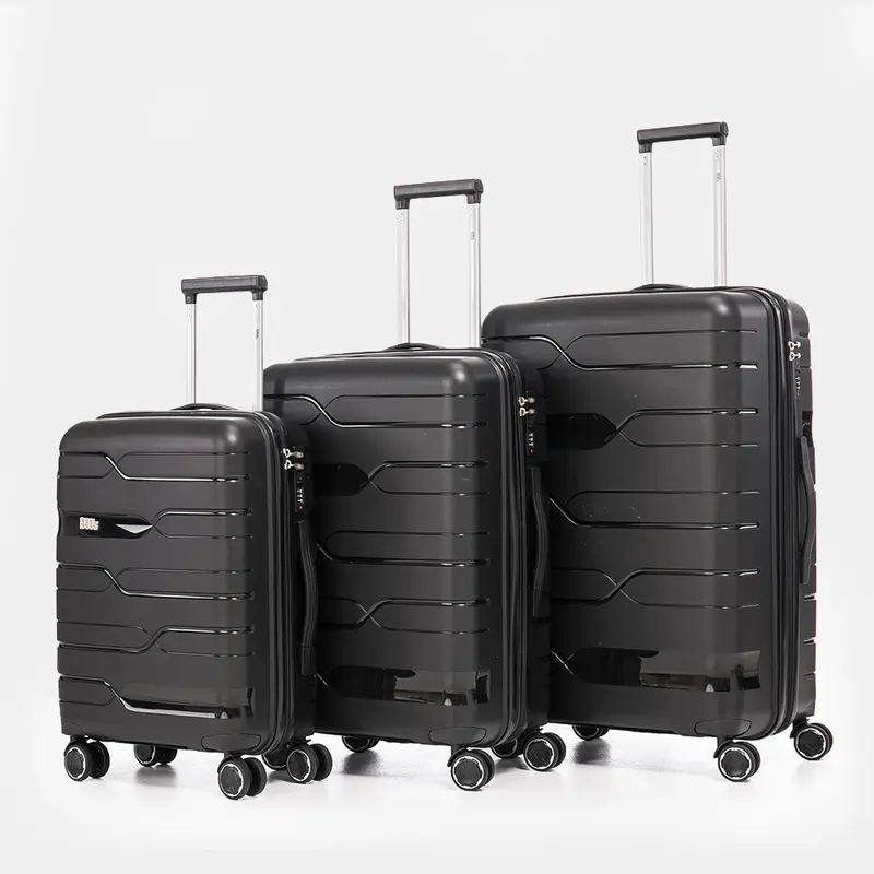 Juego de maletas PP Rígida 3 piezas|Maleta Cabina 55cm|Maleta Mediana 65cm Expandible |Maleta Grande 75cm Expandible |Bass Negro
