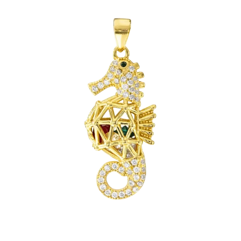 Llamador de Angeles colgante caballito de mar circonitas plata de ley y baño de oro 18K