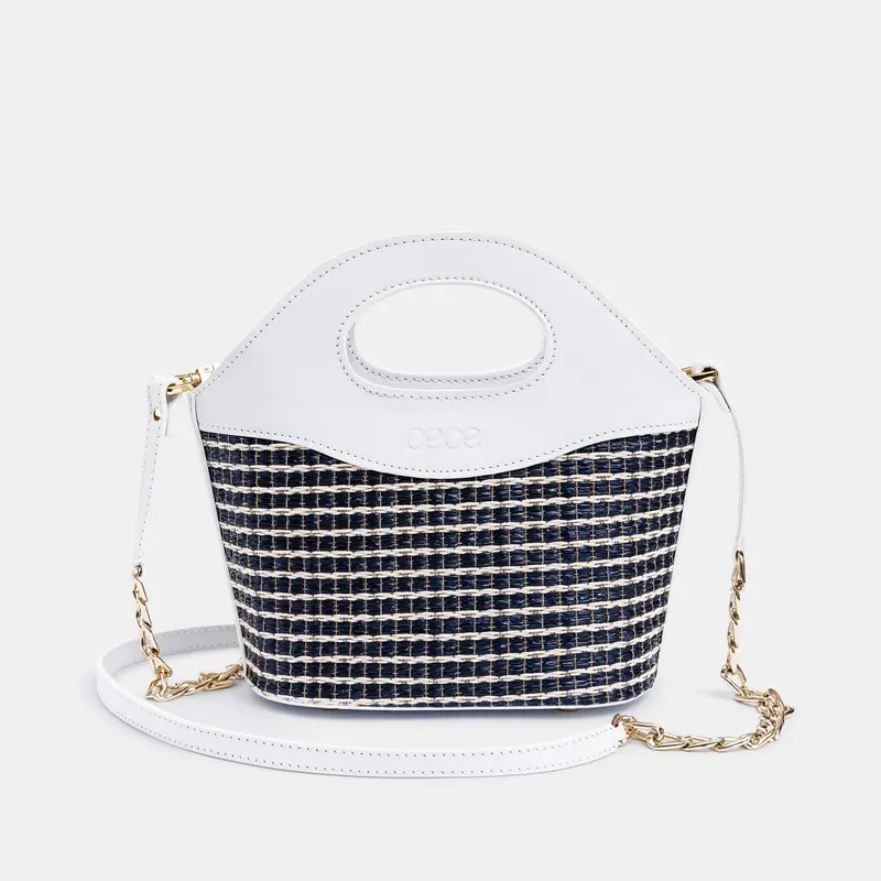 MICROBOLSO CAPRI SUMMER piel blanco + rafia azul marino