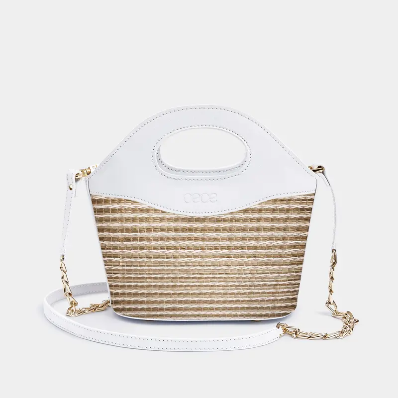 MICROBOLSO CAPRI SUMMER piel blanco + rafia marrón