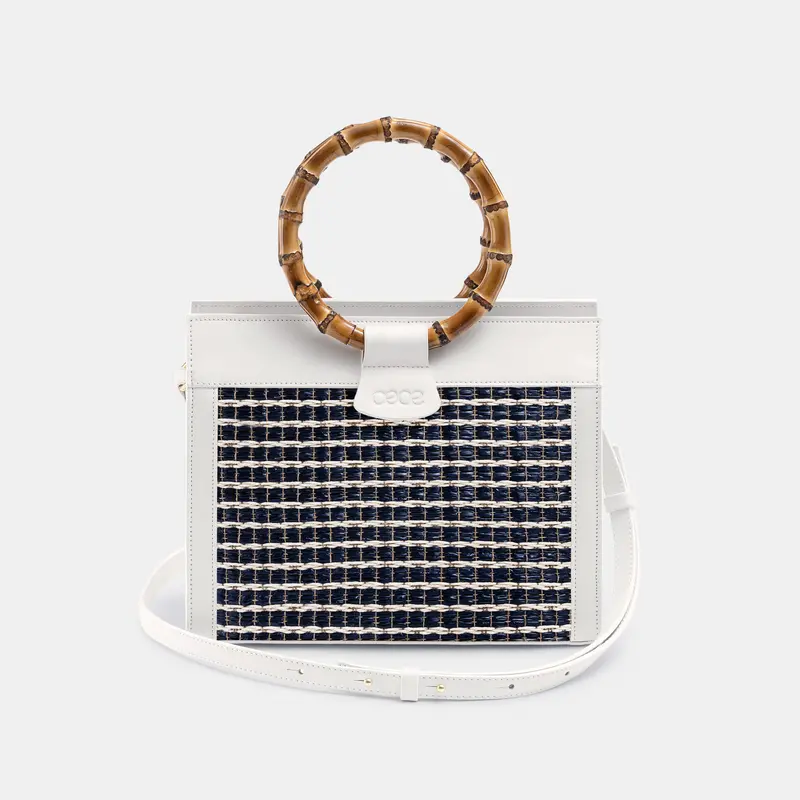 MINIBOLSO CAPRI SUMMER piel blanco + rafia azul marino