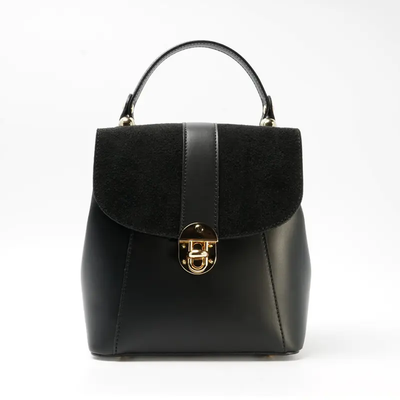 Mochila de piel de mujer convertible con solapa negro Sarah