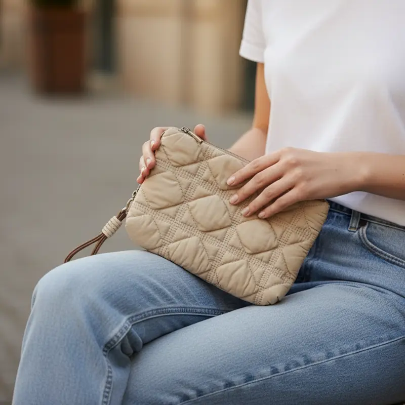 Neceser acolchado en color beige con pespunte y llavero de cuerda