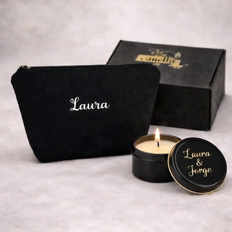 Pack Personal Touch · Neceser lona personalizado con fondo + Vela personalizada cera de soja