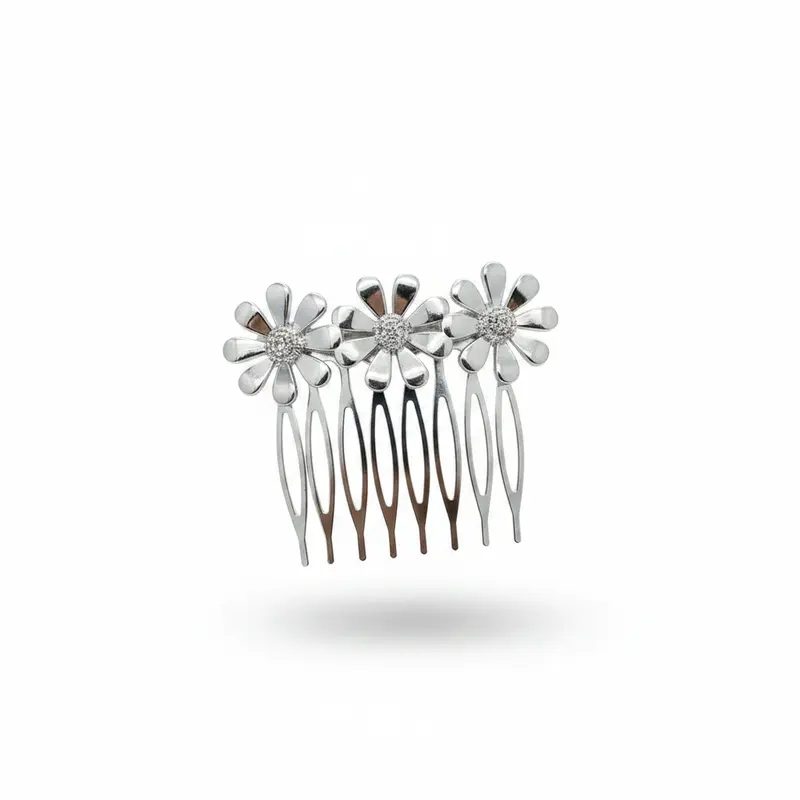 Peineta con tres flores en acabado plata