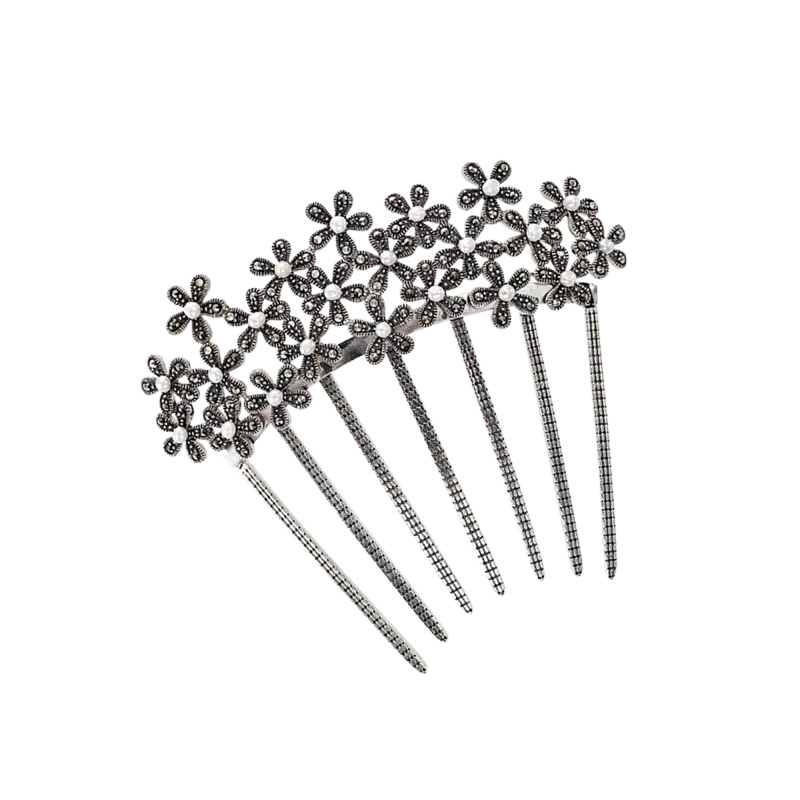 Peineta flores marcasitas y perlas, plata