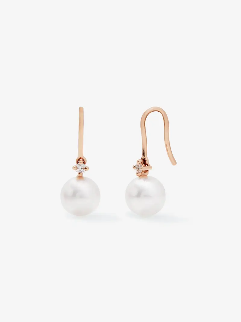 Pendiente colgante de oro rosa de 18k con perla akoya de 8 mm y diamante