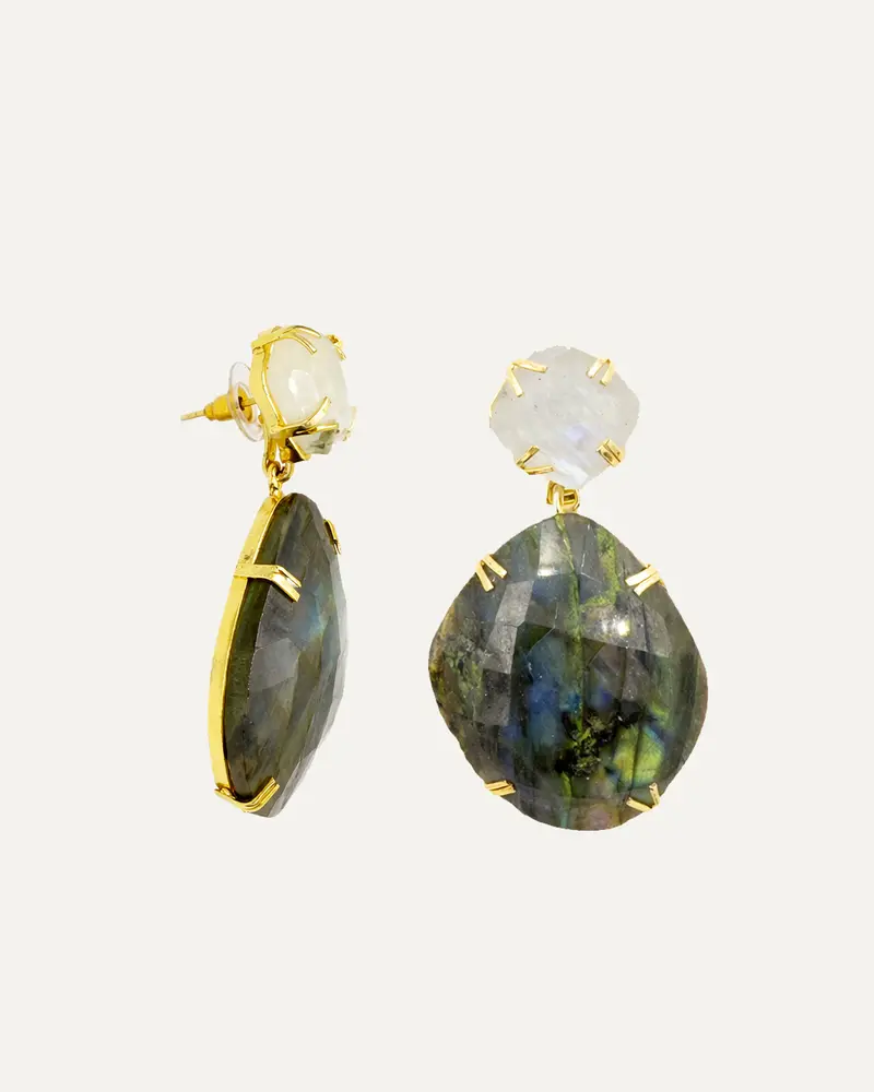 Pendiente Dorado Lyra Labradorita y Piedra Luna