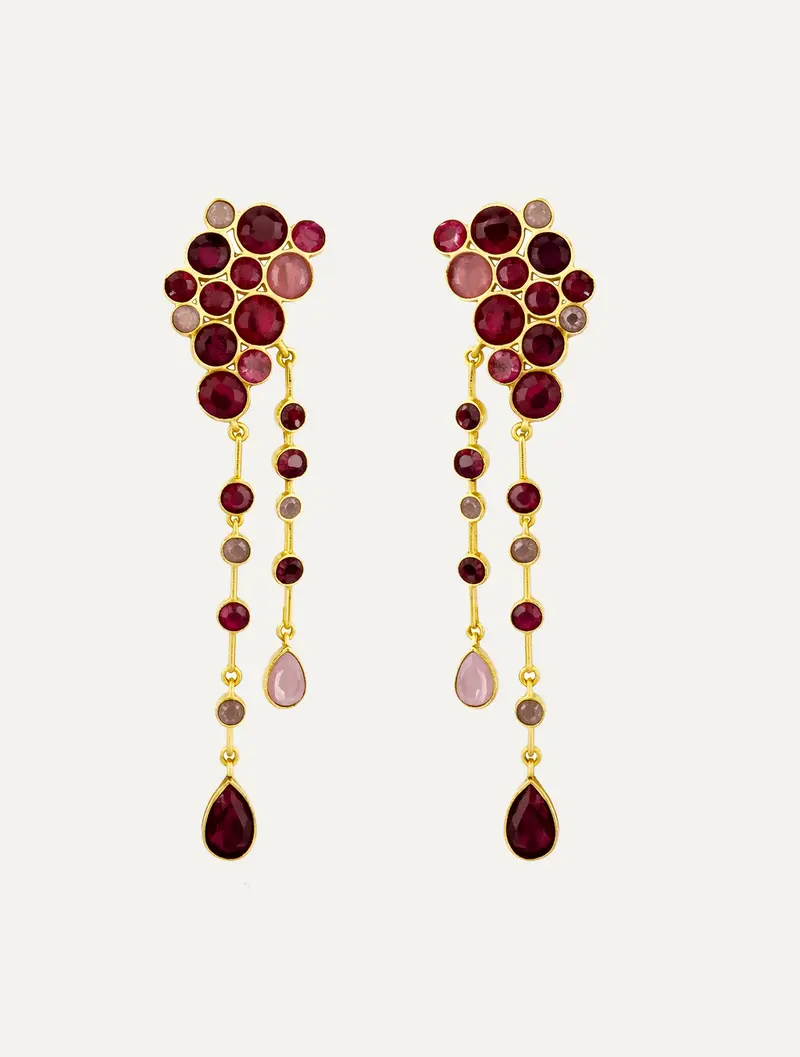 Pendiente Dorado Selene Hatypara Roja y Cuarzo Rosa