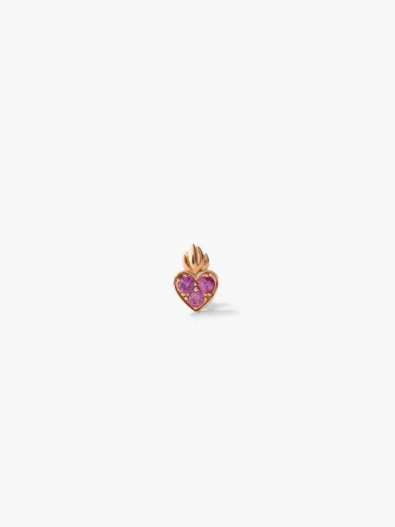 Pendiente individual corazón de oro rosa de 18kt con zafiros rosas de 0,14cts