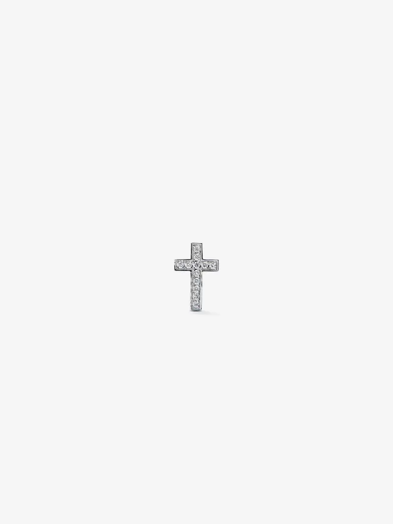 Pendiente individual cruz de oro blanco de 18K con 12 diamantes en talla brillante con un total de 0,04 cts