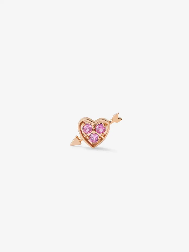 Pendiente individual de oro rosa de 18K con 3 zafiros rosas en talla brillante con un total de 0,1 cts y forma de corazón