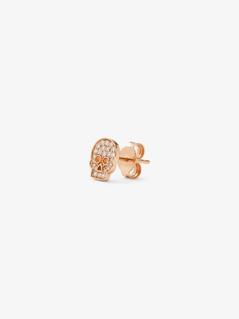 Pendiente individual de oro rosa de 18K con diamantes en talla brillante de 0,09 cts y forma de calavera