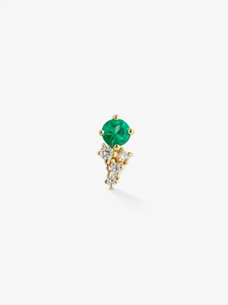 Pendiente individual derecho de oro amarillo de 18K con esmeralda en talla brillante de 0,1 cts y 5 diamantes en talla brillante con un total de 0,07 cts